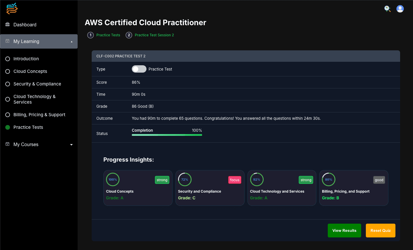 FullStackInterview quiz interface and review screenshot