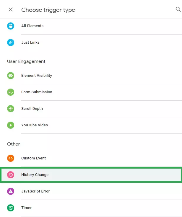 Trigger Configuration Select History Change trigger