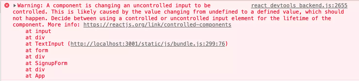 Figure 1: Warning component is changing an uncontrolled input to be controlled