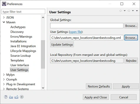 Figure 18 : Changing Maven user settings to change dependancy library folder