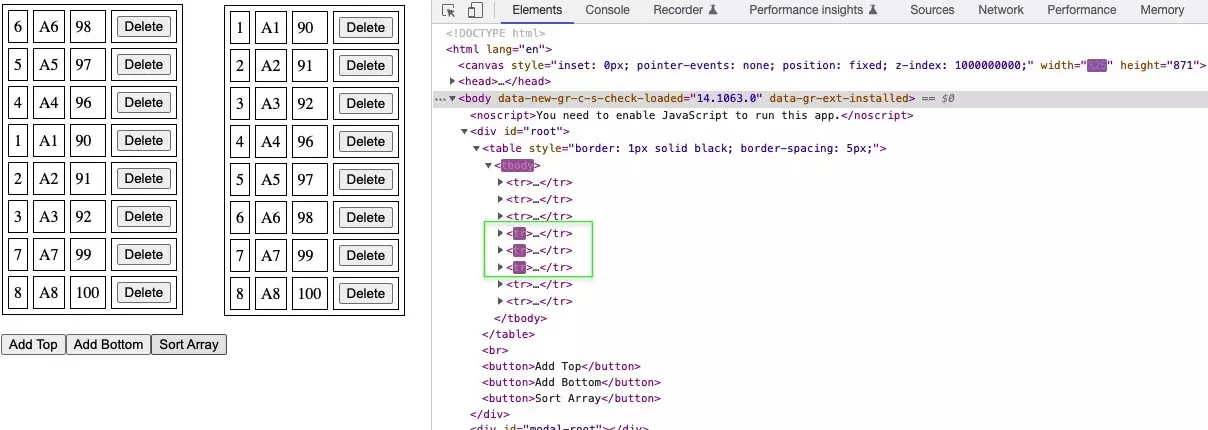 Figure 4 : When keys are present, React only updates changed items
